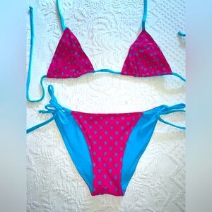 Reversible String Bikini Electric Turquoise Blue and Hot Pink EUC S